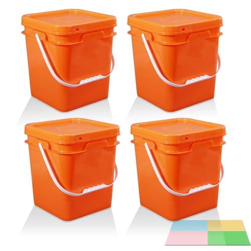Food Storage Buckets with Lids - 4 Set Square Clear Plastic Containers, Airtight Pressure Seal & Handle for Kitchen Freezer Prep (Orange, 1.3 gal) - color: Orange, size: 1.3 gal