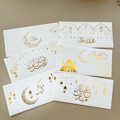 12PCS Eid Money Envelopes for Cash Gifts, Gold Foil Kraft Paper Eid Mubarak Cash Envelopes Shagun Eidi Envelopes for Ramadan Wedding Birthday Holiday Gift Giving
