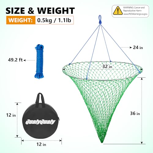 QualyQualy Large Bridge and Pier Fishing Net 32''/39'' Hoop, Foldable Drop Net Pier Fishing for Saltwater with Rope, Landing Net with Nylon Mesh, Collapsible Soft Steel Ring - color: Green, size: M: 32''×36''