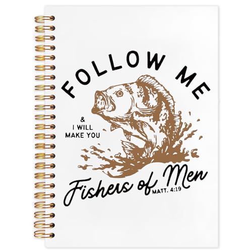 WUCHJ Yellow Retro Fish Christian Notebook,Boys Religious Notebook, Matthew 4:19 Bible Verse Journal, Yellow Religious Scripture Spiral Notebook Journal for Note Taking, Christian Faith Based Gifts for Women Men, 5.5x8.3 Inch - color: follow me white back