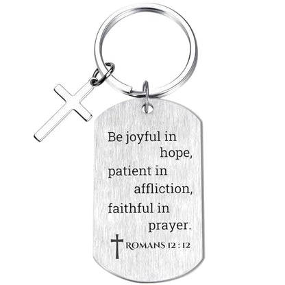 Inspirational Scripture Keychain with Cross - Bible Verse Matte Key Chain Religious Gift for Christian - style: Romans 12:12