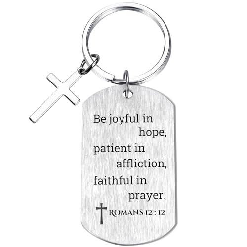 Inspirational Scripture Keychain with Cross - Bible Verse Matte Key Chain Religious Gift for Christian - style: Romans 12:12