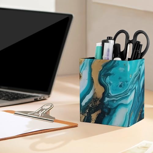 Pen Holder Leather Pencil Holder for Desk Turquoise Blue Gold Marble Desktop Stationery Pen Cup Desk Accessories Holder Makeup Brush Storage Organizer for Work Home Art Supply 3.9" X 3.1" - color: Turquoise Blue Gold Marble