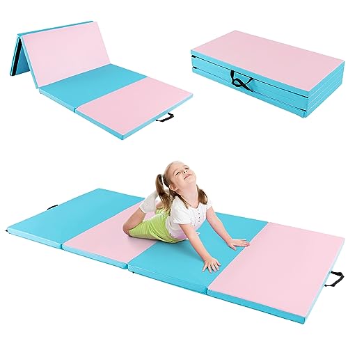 GYMAX Gymnastics Mat, 4 FT x 8 FT x 2 Inches Folding Exercise Mat w/Carry Handles & Sturdy Stitching Waterproof Cover, Tumbling Mat for Yoga Stretching Martial Arts Home Gym - color: Pink & Blue