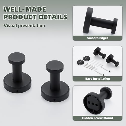 APLusee Matte Black Robe Towel Hook for Bathroom, 2 Pack Stainless Steel Coat Hooks, Heavy Duty Wall Hangers Wall Mounted - color: Matte Black, size: 2 Pack