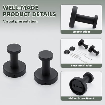 APLusee Matte Black Robe Towel Hook for Bathroom, 2 Pack Stainless Steel Coat Hooks, Heavy Duty Wall Hangers Wall Mounted - color: Matte Black, size: 2 Pack