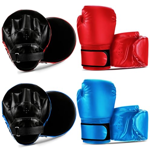 Foilswirl 4-in-1 2 Pairs Boxing Gloves and Punching Mitts Set for Kids, Boxing Gloves Pads Equipment Set for Training, Kickboxing, MMA, Karate, Muay Thai, Taekwondo, Martial Arts - color: Red and Blue