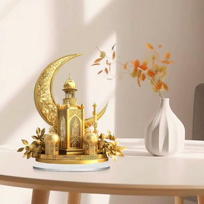 EUBUY Ramadan Decorations Acrylic Mubarak Sign Centerpiece, Golden Crescent Moon Mosque Acrylic Desktop Decoration for Muslims Home Bedroom Decor