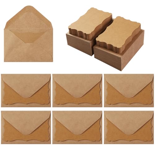 100 Pack Mini Envelopes with Blank Note Cards, Brown | 4 x 2.7 Inches, Self-Adhesive, Small Business Card Size - color: Brown
