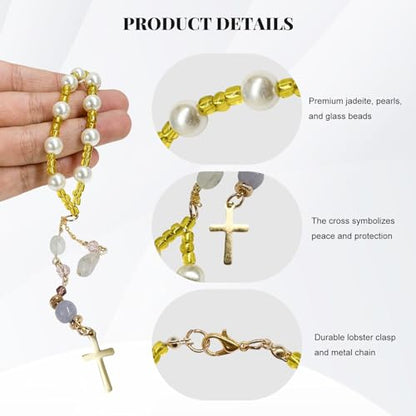 Natural Jade Cross Car Hanging Ornament, Religious Handmade Rearview Mirror Pendant with Pearl, Christian Rear View Mirror Charm Glass Beaded Hanging Accessories for Women Men