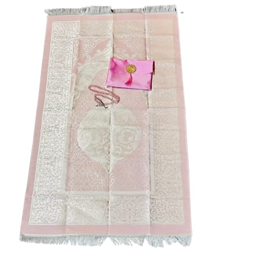 Islamic Prayer Mat, Turkish Prayer Rug with Pouch and Ornament Sealing, Portable Prayer Mat with Handy Pouch, Islamic Carpet Pad Ideal for Travelling (44" x26” with Free Tasbeeh) (Pink) - color: Pink