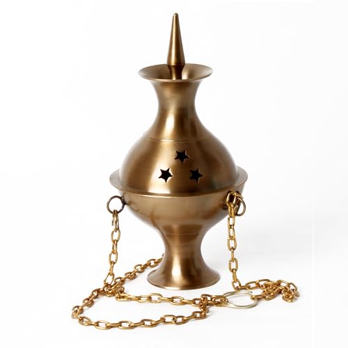 Solid Brass Hanging Incense Burner with Chain, Antique Brass Censer for Bakhoor, Charcoal & Resin, Spiritual Home Temple Décor, 6.5 x 3.5 Inch