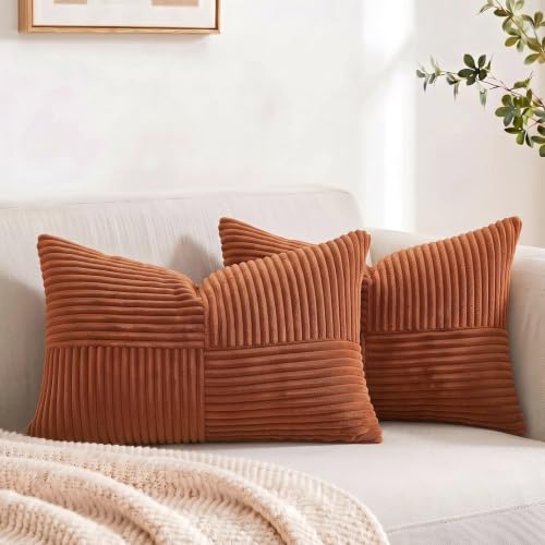 Fancy Homi 2 Packs Rust Lumbar Decorative Throw Pillow Covers 16x26 Inch for Living Room Couch Bed Sofa, Rustic Farmhouse Boho Home Decor, Soft Striped Corduroy Rectangle Accent Cushion Case 65x40 cm - color: Rust, size: 26" x 16" (Pack of 2)