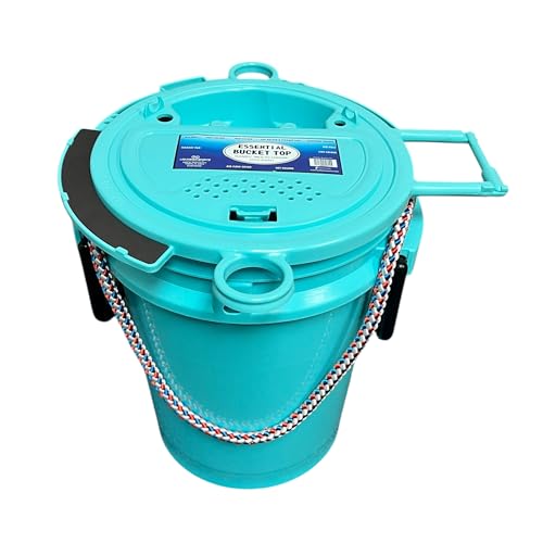 5 Gallon Bucket - Rope Handle with Essential Top (Aqua) Integrated with Magnet pad, Rod, net, line, Tool Accessories Holder and Vented Opening, Holes for Live Bait. - color: Aqua