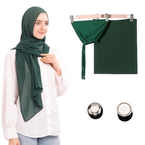 Jonglroy Muslim Chiffon Hijab magnets Head Scarf with Matching Tie Back Jersey Undercap - color: Blackish Green