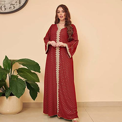 FPOVFPO Women's Muslim Abaya One-Piece V Neck Bronzing Dress Islamic Full Length Kaftan Daily Casual - color: Red, size: Large