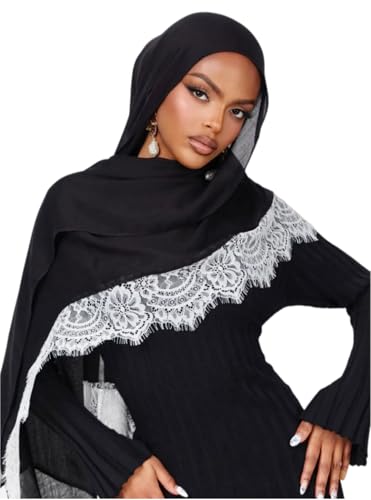 JUMISEE Elegant Floral Lace Hijab Scarf for Women Soft Cotton Head Wrap Instant Hijab Long Scarves Evening Dress Shawl - color: Black With White Lace Trim