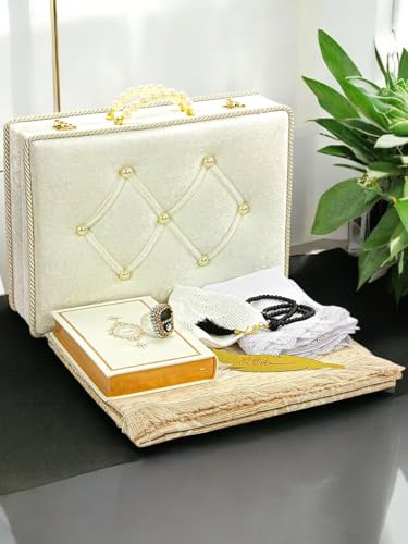 ihvan online Muslim Prayer Rug Set, Islamic Dowry Gift Box for Men & Women, Shawl, Kufi Hat, Digital Beads Counter, Quran Gift, Elegant Islamic Gifts Set for Ramadan & Eid & Wedding, White - color: White