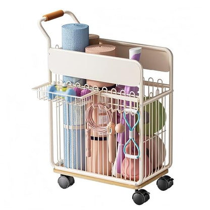 Yoga Mat Storage Cart - Multi-Compartment Home Gym Organizer with Wheels, Dumbbell & Sports Equipment Rack, Slim Fitness Gear Bin with Side Hooks
