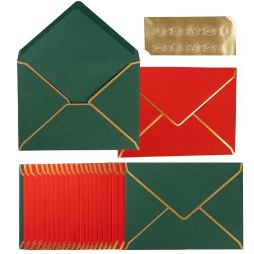 100 Pack A7 Envelopes 5x7 Christmas Gold Border 5.32x7.28 Inches - color: Christmas Green/ Red, size: 5.32 x 7.28 Inches