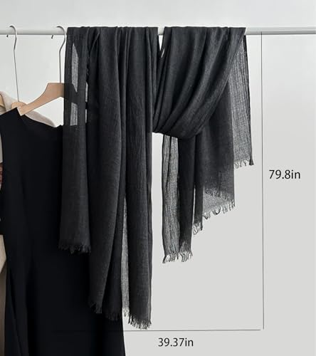 Solid color cotton and linen scarf, wrinkled all season versatile long sunscreen fashionable shawl - color: Black Grey