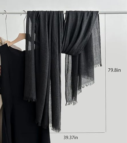 Solid color cotton and linen scarf, wrinkled all season versatile long sunscreen fashionable shawl - color: Black Grey