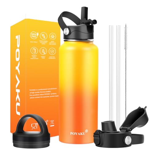 Water Bottle Insulated 32oz 40oz 64oz 128oz Straw Lid Spout Lid & 3 Lids, Leak Proof, Vacuum Insulated,Stainless Steel Water Bottle Wide Mouth for Sports, Gym or Office - color: Yellow Orange, size: 40 Ounces