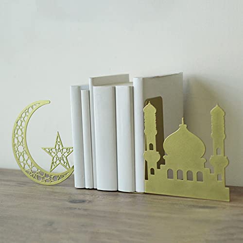 IWA Concept | Crescent and Masjid Islamic Metal Bookend | Home Decor or Islamic Decor for Table or Shelves | Home Decorations for Ramadan Gifts | Islamic Gift | (Gold) - color: Gold