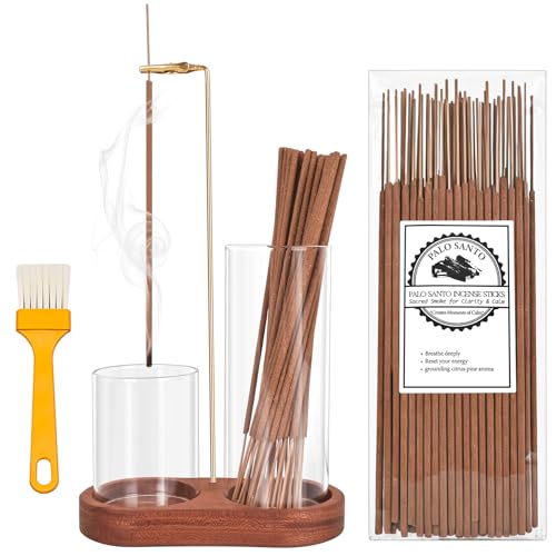 Incense Holder with 40 Pcs Palo Santo Incense Sticks - Incense Burner Holder with Glass Ash Catcher Relaxation, Purification, Meditation, Yoga Gift