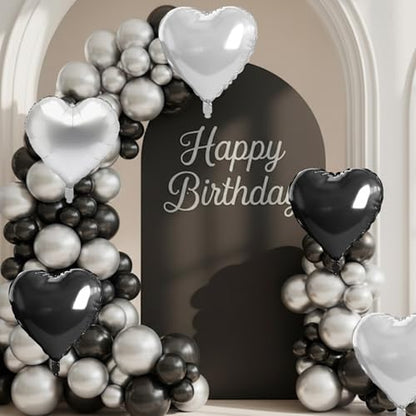 Black Silver Heart Balloons, 10PCS Metallic Foil for Goth Disco Birthday - color: Black Silver