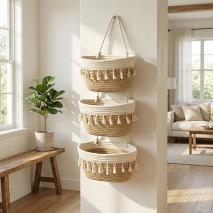 Hanging Basket, Over Door Organizer, 3 -Tier Wall Basket with Hooks | Woven Cotton Basket, Adjustable Hanging Baskets for Organizing, No Drilling for Farmhouse, Boho Home and Nursery Decor - style: Tassel