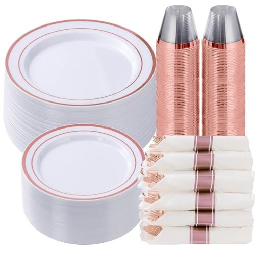 Goodluck 350 Piece Rose Gold Plastic Dinnerware Set for 50 Guests - color: Rose Gold, style: 350 Piece (50 guests)