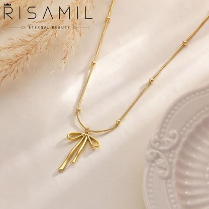 Risamil 여성용 골드 목걸이 - 리본 목걸이 14K 앙증맞은 골드 목걸이 귀엽고 작은 나비 펜던트 초커 체인 목걸이 트렌디 목걸이 여성용 골드 주얼리 선물 - color: 리본 목걸이-7