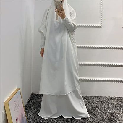 Women Muslim 2 Set Solid Color Plus Long Sleeve Thobe One-size Longuette Overall Abaya Thobe with Hoodied Hijab - color: White