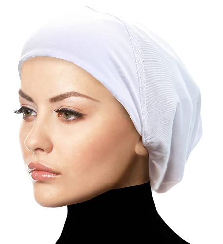 Women's Snood Cap Cotton Beanie Hair Wrap Chemo Undercap Easy Bonnet Hat - color: White