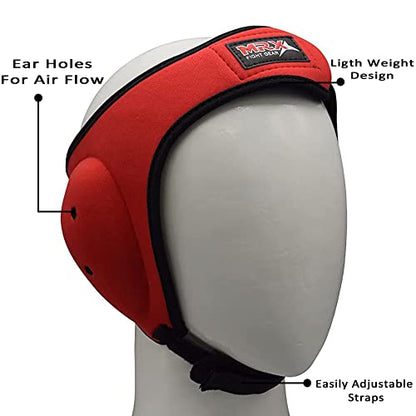 MRX MMA Ear Guards Kick Boxing Ju Jitsu Cage Wrestling Ear Protection Headgear with Adjustable Straps for Safe Head & Ear - color: Red