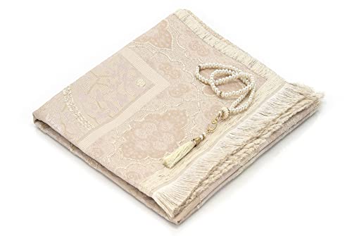 ihvan online Muslim Prayer Rug with 99 Beads Tasbih, Soft Chenille Sajadah, Lightweight & Foldable Janamaz, Portable Travel Prayer Mat, Islamic Gift for Eid, Ramadan, Hajj & Umrah, Pale Pink - color: Pale Pink