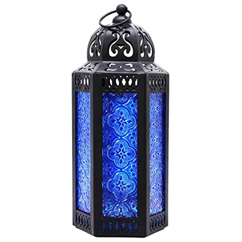 CVHOMEDECO. Decorative Candle Lantern Moroccan Lanterns Vintage Black Metal Lantern Holder for Home Patio Outdoor Decor. Cobalt Glass, Medium - color: Cobalt