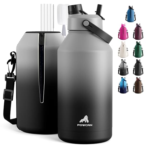 POWCAN 64 oz Insulated Water Bottle with 2-in-1 Straw and Spout Lid, Keep Cold 48H, Leakproof, Carrier Bag, Stainless Steel Sport Water Bottle for Men, Fitness, Outdoors, Gym and Travel (Obsidian) - color: Obsidian