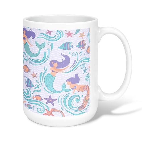 Mermaid Ceramic Coffee Mug, Underwater Playful Fish Starfish Summer Aqua Novelty Work Drinking Mugs with Handle Ideal for Friendship Family Colleague Staff Sweetheart Teachers 15 Oz - size: 15 Ounces