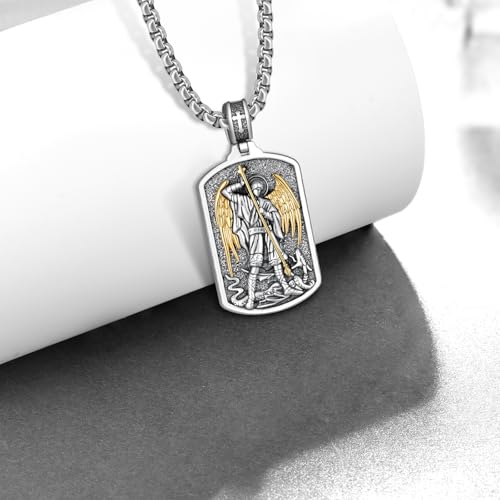 Western Catus/Knights Templar/St Michael/Santa Muerte/Praying Hand/Spartan/Virgin Mary/Tetragrammaton/Wrestlers/Allah Necklace Sterling Silver Dog Tag Necklace Christian Jewelry Gifts for Men - style: St Michael