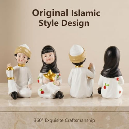 Ramadan Decorations for Home Set of 2 Resin Muslim Boy and Girl Figurines Holding Lantern and Star Islamic Decor Eid Mubarak Table Centerpieces for Iftar Office Desktop Display