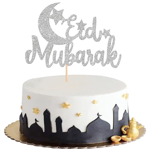 1 PCS Eid Mubarak Cake Topper Glitter Moon Star Ramadan Kareem Cake Pick Hajj Mubarak Eid Cake Decoration for Eid Islamic Muslim Theme Party Decorations Supplies Silver - color: Design 6 Silver