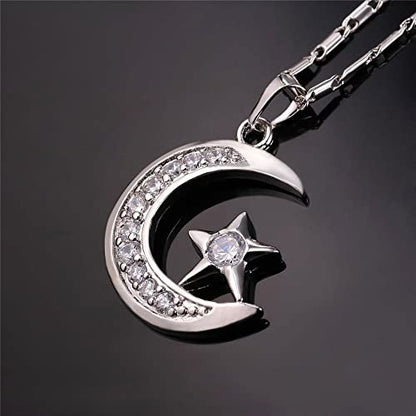 U7 Allah Necklace for Women/Men, 18K Gold Plated Square/Oval/Coin/Heart/Crescent Moon Islamic Pendant Necklace Muslim Jewelry with Chain - color: 01.Crescent Moon platinum