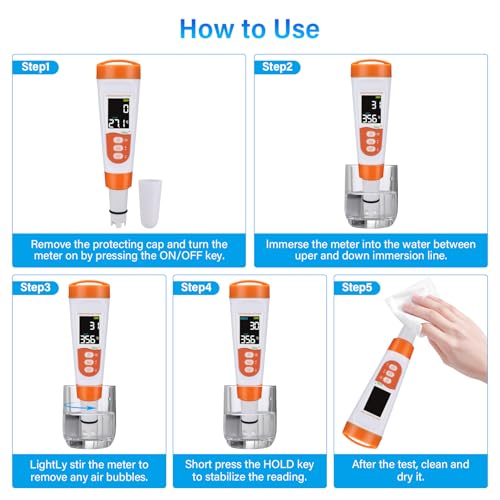 hygger Pool Salt Tester & PH Meter, 5-in-1 Digital Pool Water Tester, High Accuracy Salinity PH Temp EC and TDS Saltwater Pool Test Kit for Aquarium Swimming Pool Hot Tub and Swim Spas
