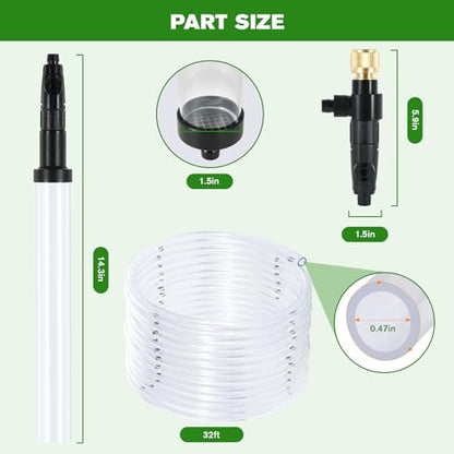 Aquarium Siphon Vacuum Gravel Cleaner Kit for Fish Tank（32ft） | Cleaning Gravel & Sand, Fish Tank Water Changer Metal Faucet Connector with Long Hose Drain & Fill