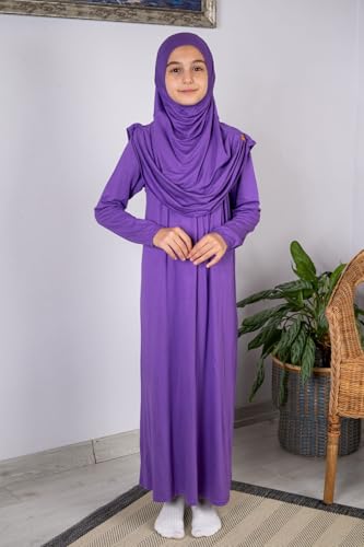 ihvan online Muslim Dress for Girls, Long Sleeve One-Piece Islamic Prayer Dress, Hijab for Kids, Girls Abaya, Islamic Gifts - color: Dark Purple