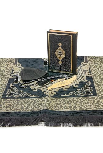 ihvan online, Muslim Prayer Rug Set, Arabic Quran, Prayer Beads, Mens Kufi Hat, Tasbeeh Counter, Islamic Scent, Dowry Gift Box for Men & Women, Janamaz, Salah Mat Gifts Set Wedding, Ramadan, Black - color: Black