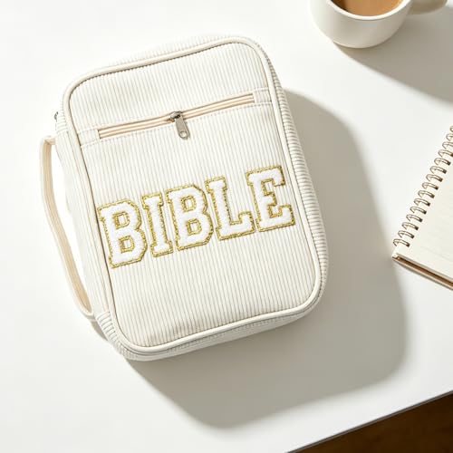 HOMSFOU Bible Organizer Bag with Zipper and Portable Carry Handle, Corduroy Material with Dedicated Pen Slots, Stylish Beige Bible Protective Cover for Travel and Classroom Use