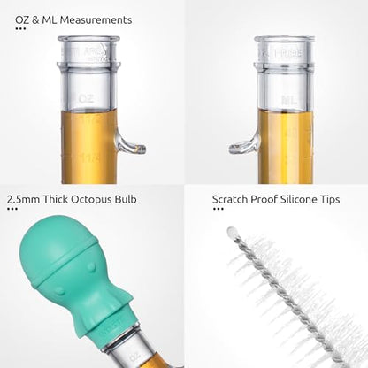 U-Taste 228.2℉ Heat Resistant Food Grade 1.5oz Angled Turkey Baster, and 18/8 Stainless Steel Square Measuring Spoons Set of 8 (Aqua Sky+Silver)